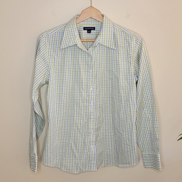 Lands' End | Blue Green White Gingham Check Button Front Shirt - Picture 2 of 5